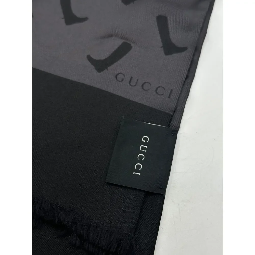 GUCCI Silk Cowboy Print Fringe Scarf Ascot Twilly Black Gray 53